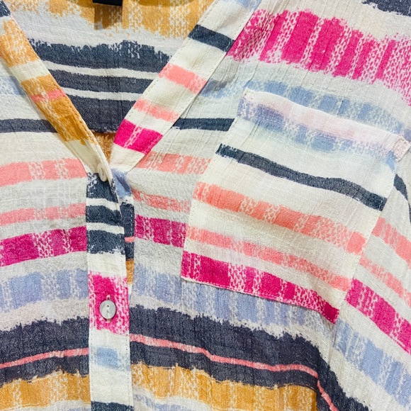 Zac Rachel colorful Striped Long Roll Tab Sleeve V neck Button Top Blouse size L - Picture 6 of 11
